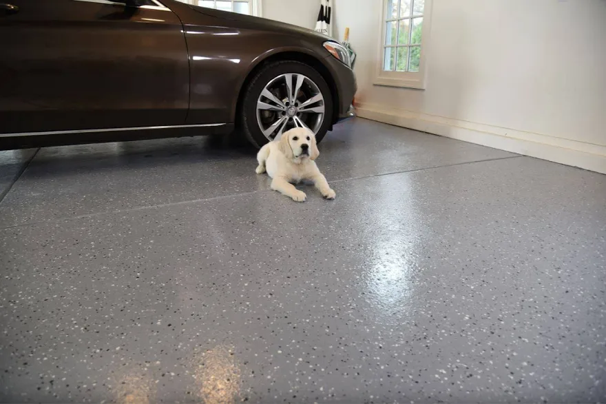 Grey speckled garage floor coating with a car and a dog resting on it